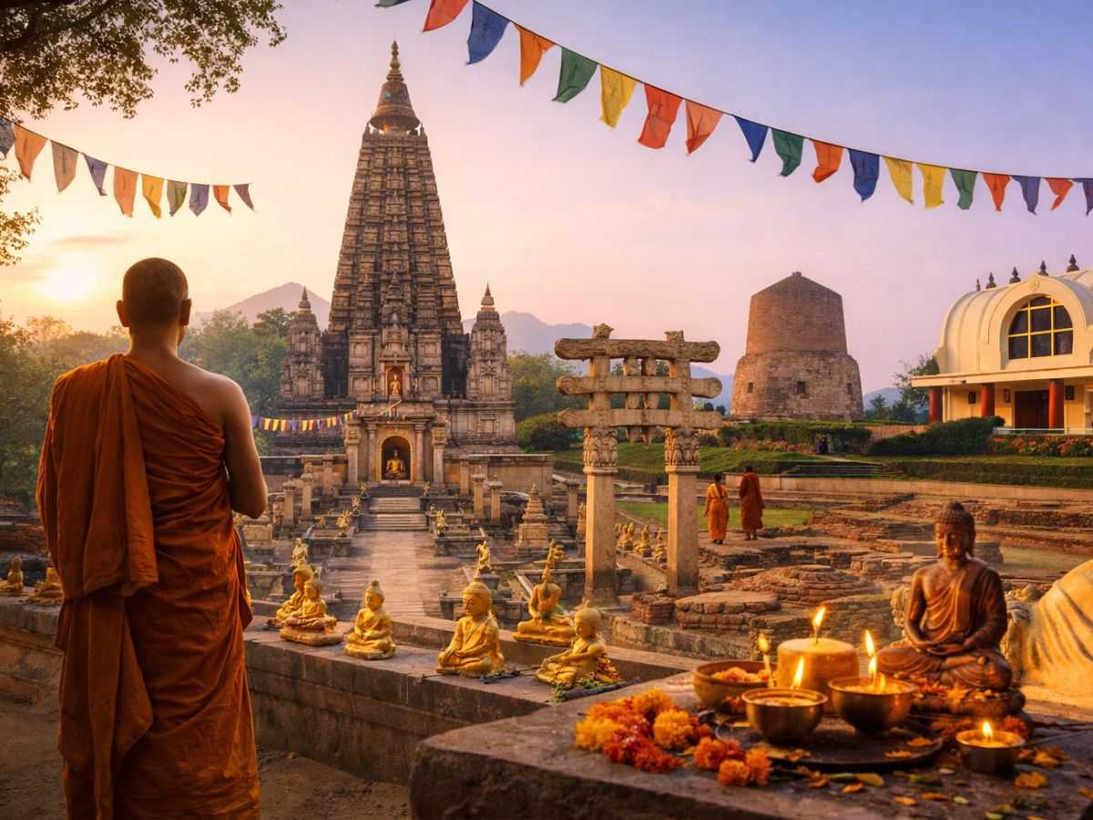 Buddhist monk at Mahabodhi Temple Complex during sunrise
