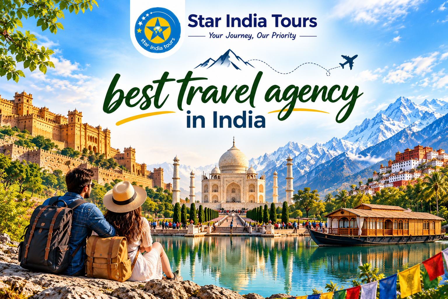 Star India Tours promotional banner featuring famous Indian landmarks, travellers, and the text Best Travel Agency in India.
